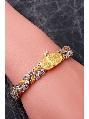 Sümer Telkari Midyat Hasır Örgü Anadolu Motifli Altın Yaldızlı 925 Ayar Gümüş Bileklik 4890