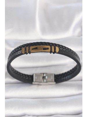 Belle Fusion Mey Ithalat® 316L Çelik Gold Renk Aksesuarlı Çift Sıra Siyah Burgu Desenli Deri Kordon Erkek Bileklik