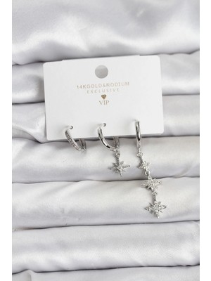 Belle Fusion Mey Ithalat® Kutup Yıldızı Model Gümüş Renk Pirinç 3'lü Kadın Küpe Seti