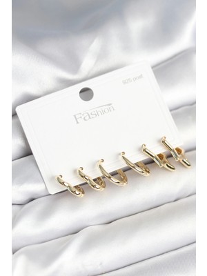 Belle Fusion Mey Ithalat® Pirinç Gold Renk Kalp Yıldız ve Halka Model 925 Ayar Gümüş Çivili Kadın Küpe Seti