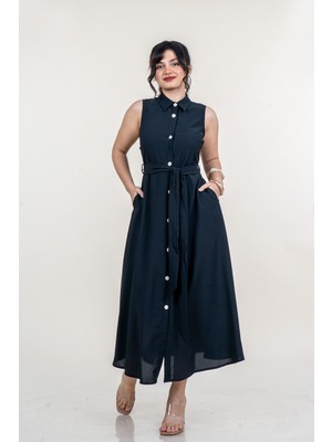 MissVina Önden Düğmeli Kolsuz ve Kuşaklı Uzun Elbise