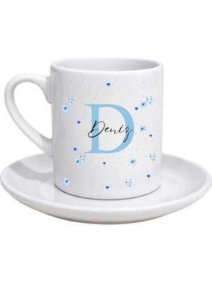 Myworldorganization Kişiye Özel Tasarlanmış Mavi Harf, Kalp, Kelebek ve Çiçek Desenli Isimli Kahve Fincanı, Istediğiniz Ismi Veharfi Yazabiliriz