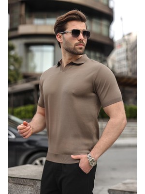 Madmext Açık Kahverengi Polo Yaka Triko Kısa Kollu Erkek Tişört E7463