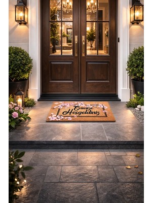 Esnature Evimize Hoşgeldiniz Japon Kiraz Çiçeği Desenli Kapı Önü Paspası 45X70 cm