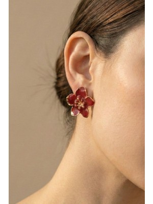 Aurrari Altın Kaplama Bordo Sakura Çiçeği Küpe