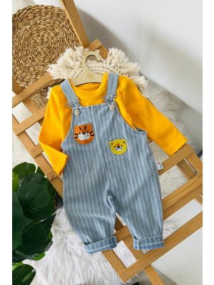 Miniğimin Cicileri Kaplan Figürlü Çizgili Erkek Bebek Bahçıvan Yumuşak Kot Takım - Hardal