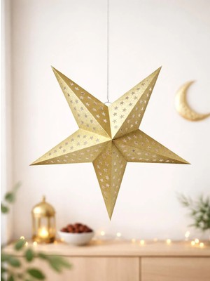 Parti Adresi Ramazan Temalı Katlanabilir Gold Yıldız Süs – Asılabilir Dekoratif Tavan Süsü 45 cm