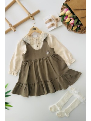 Miniğimin Cicileri Nakış Detaylı Jile Elbiseli Dantel Yakalı Kız Çocuk 2'li Takım - Haki