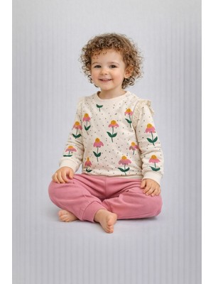 Dinamik çocuk Kız Bebek Çiçek Desenli Dantelli Kol Detaylı Alt Üst Takım – 2iplik Mevsimlik 3-6-9-12 Ay