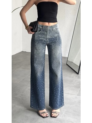Asfa Moda Kadın Koyu Mavi Taşlı Wide Leg Jean Pantolon Yüksek Bel Bol Paça Denim
