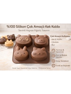 CKM Silikon 4 Bölmeli Silikon Kek ve Çikolata Kalıbı – Sevimli Hayvan Tasarım-Kahverengi