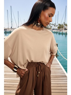 5in1Canpolat Camel Bisiklet Yaka Dökümlü Tişört 30302