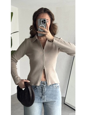 Asfa Moda Kadın Krem Fitilli Triko Hırka Fermuarlı Polo Yaka Basic Uzun Kollu