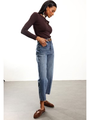 5in1Canpolat Yıkamalı Mavi Kemerli Baggy Jean 3010