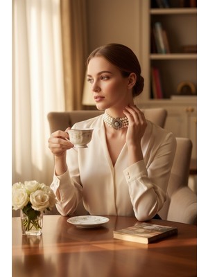 Fayra Accessories Kristal Taşlı Çiçek Figür Inci Kolye