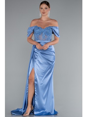 Abiyefon Taşlı Kayık Yaka Yırtmaçlı Uzun Saten Abiye ABU3997