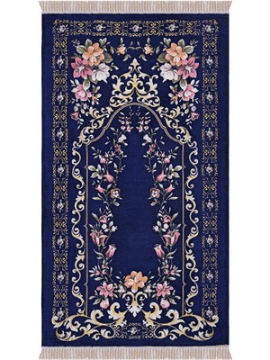 Bursa İpek Lacivert Gülbahçe Desen Kabartmalı Özel Dokuma Seccade