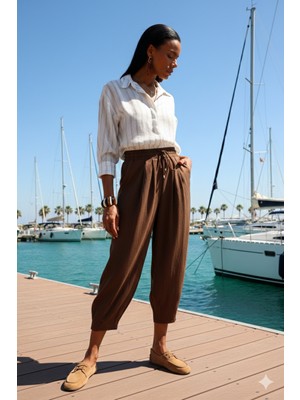 5in1Canpolat Kahverengi Beli Lastikli Barrel Pantolon 51285