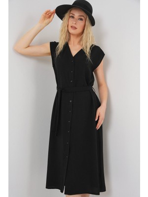 Queene Dreams Sıfır Kol Kuşaklı Ayrobin Elbise 2568 - Siyah