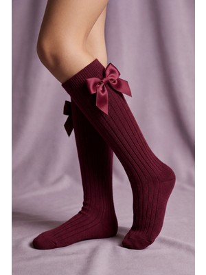 Katia & Bony Kız Çocuk Kurdele Fiyonklu Fitilli Dizaltı Çorap Bordo