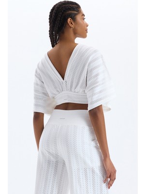 COMEUP Jakarlı Delik Desenli Yarasa Kol Crop Top Beyaz