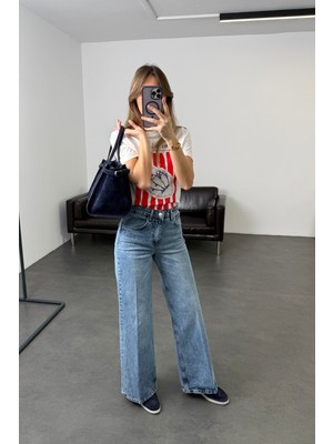 5in1Canpolat Yıkamalı Mavi Yüksek Bel Wide Leg Jean