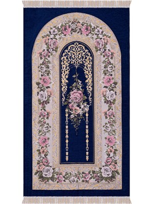 Bursa İpek Lacivert Mihrap Desen Kabartmalı Özel Dokuma Seccade