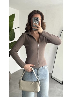 Asfa Moda Kadın Vizon Fitilli Triko Hırka Fermuarlı Polo Yaka Basic Uzun Kollu
