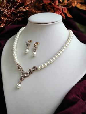 Fayra Accessories Zirkon Taşlı Tek Sıra Inci Kolye ve Inci Küpe Seti