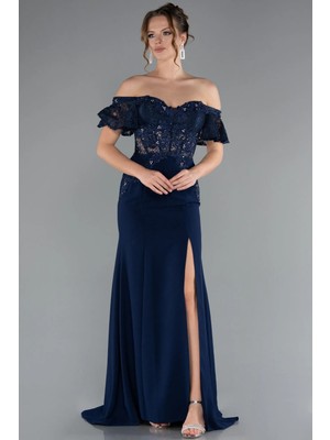 Abiyefon Kayık Yaka Sırt Dekolteli Üstü Dantel Uzun Abiye ABU2261