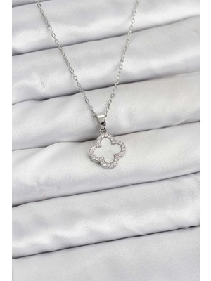 Belle Fusion Mey Ithalat® 316L Çelik Zincir Gümüş Renk Sedefli Yonca Kadın Kolye