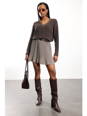 5in1Canpolat Kahverengi Dantel Detaylı Triko Kazak TK261018