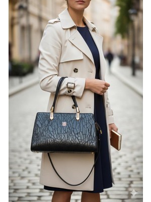 Shoemix Hakiki Siyah Timsah Desenli Lüks Kadın Omuz ve El Çantası -Şık Tasarım Günlük Çanta