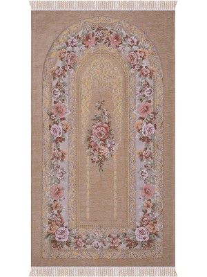 Bursa İpek Bej Mihrap Desen Kabartmalı Özel Dokuma Seccade