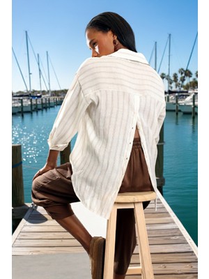 5in1Canpolat Ekru Arkası Düğme Detaylı Çizgili Gömlek 18142