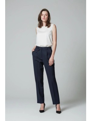 Madmext Lacivert Pens Detaylı Kapaklı Düz Paça Kumaş Pantolon MG2642