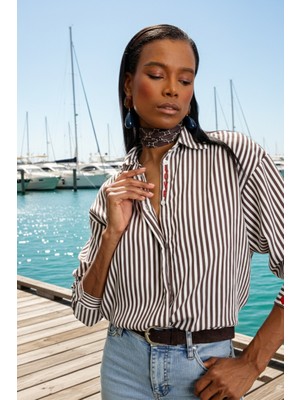 5in1Canpolat Kahverengi Love Nakışlı Çizgili Gömlek 18109