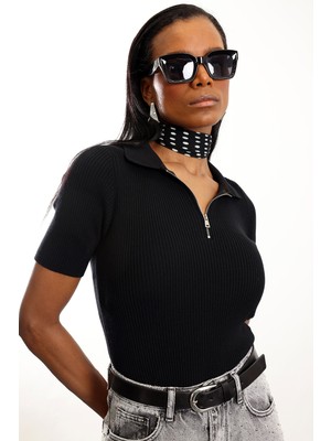 5in1Canpolat Siyah Polo Yaka Fitilli Kısa Kol Triko