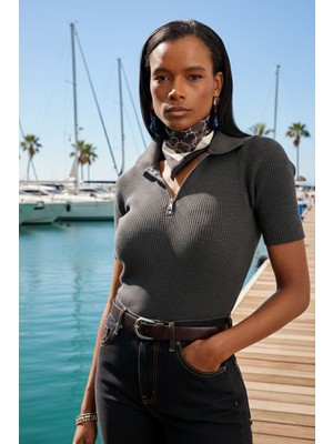 5in1Canpolat Antrasit Polo Yaka Fitilli Kısa Kol Triko