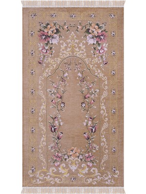 Bursa İpek Bej Gülbahçe Desen Kabartmalı Özel Dokuma Seccade