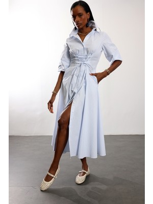 5in1Canpolat Mavi Pileli Asimetrik Elbise 12404