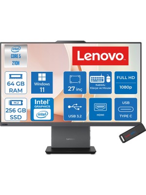 Lenovo Thinkcentre Neo 50A 27 Gen 5 Intel® Core™ 5 210H 4.8ghz 64GB Ddr5 256GB SSD 27" Fhd (1920X1080) IPS 300NITS, 99% Srgb WIN11PRO Siyah Allınone Bilgisayar 12SA0026TRP21+ZETTAUSBBELLEK