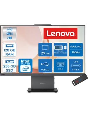 Lenovo Thinkcentre Neo 50A 27 Gen 5 Intel® Core™ 5 210H 4.8ghz 128GB Ddr5 256GB SSD 27" Fhd (1920X1080) IPS 300NITS, 99% Srgb Freedos Siyah Allınone Bilgisayar 12SA0026TRF36+ZETTAUSBBELLEK