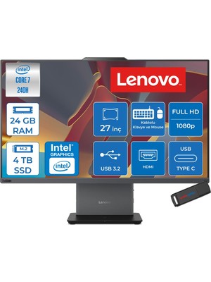 Lenovo Thinkcentre Neo 50A 27 Gen 5 Intel® Core™ 7 240H 5.2ghz 24GB Ddr5 4tb SSD 27" Fhd (1920X1080) IPS 300NITS, 99% Srgb Freedos Siyah Allınone Bilgisayar 12SA0028TRF10+ZETTAUSBBELLEK
