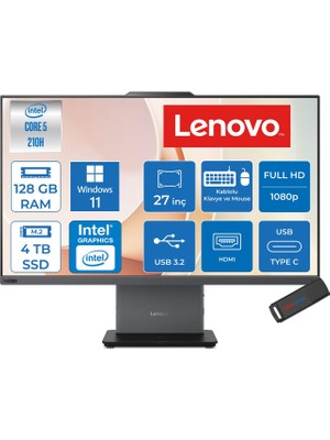 Lenovo Thinkcentre Neo 50A 27 Gen 5 Intel® Core™ 5 210H 4.8ghz 128GB Ddr5 4tb SSD 27" Fhd (1920X1080) IPS 300NITS, 99% Srgb WIN11HOME Siyah Allınone Bilgisayar 12SA0026TRH40+ZETTAUSBBELLEK