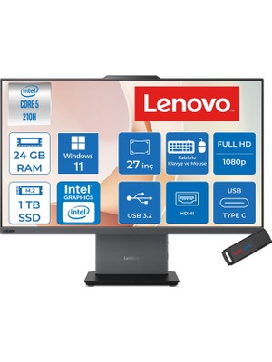 Lenovo Thinkcentre Neo 50A 27 Gen 5 Intel® Core™ 5 210H 4.8ghz 24GB Ddr5 1tb SSD 27" Fhd (1920X1080) IPS 300NITS, 99% Srgb WIN11HOME Siyah Allınone Bilgisayar 12SA0026TRH08+ZETTAUSBBELLEK