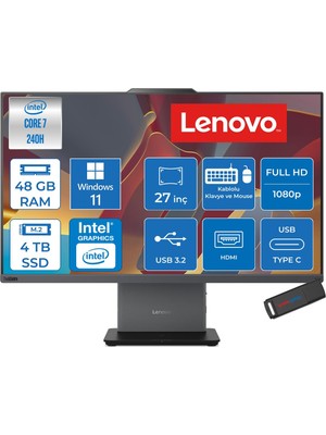 Lenovo Thinkcentre Neo 50A 27 Gen 5 Intel® Core™ 7 240H 5.2ghz 48GB Ddr5 4tb SSD 27" Fhd (1920X1080) IPS 300NITS, 99% Srgb WIN11HOME Siyah Allınone Bilgisayar 12SA0028TRH20+ZETTAUSBBELLEK