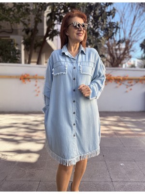 Liyosel Püsküllü Denim Elbise Buz Mavi