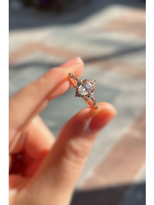 Erer Gümüş 925 Ayar Gümüş Rose Gold Oval Kesim Zirkon Taşlı Vintage Tasarım Kadın Yüzük