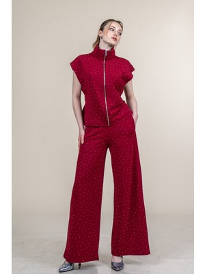 MissVina Geniş Omuz Taş Baskılı Likralı Krep Takım